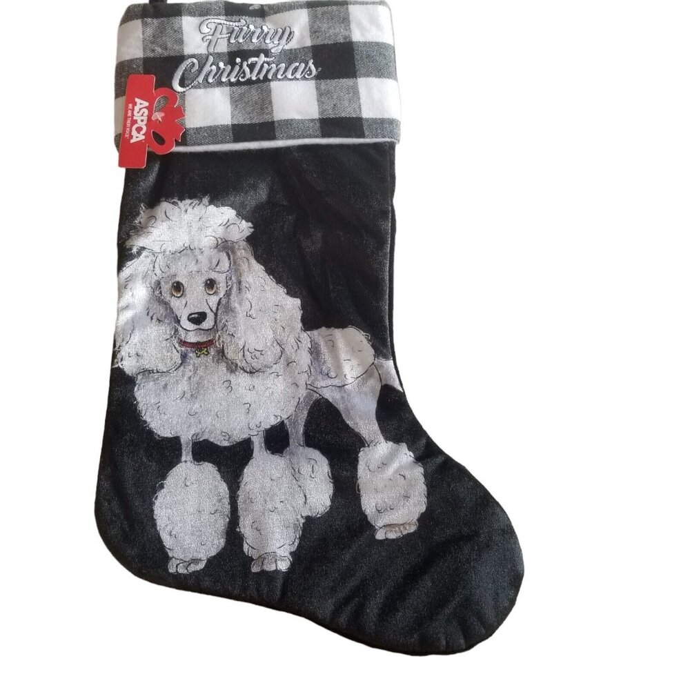 Poodle Dog Christmas Stocking Black Velour Furry Christmas Buffalo Plaid Cuff